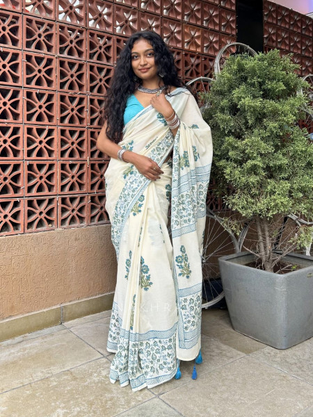 Inku Cream Cotton Saree with Hand Block Print