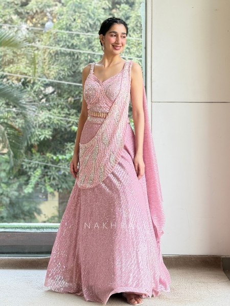 Sheen Pink Indo-Western Pre-Draped Lehenga