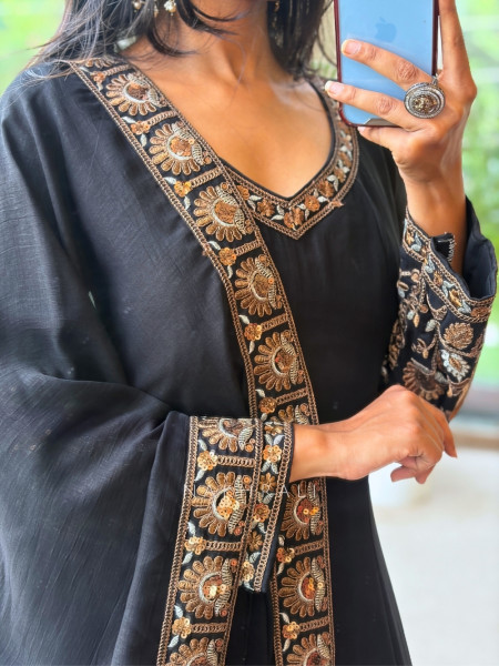 Dastaan Black Chinon Kalidar Anarkali Set