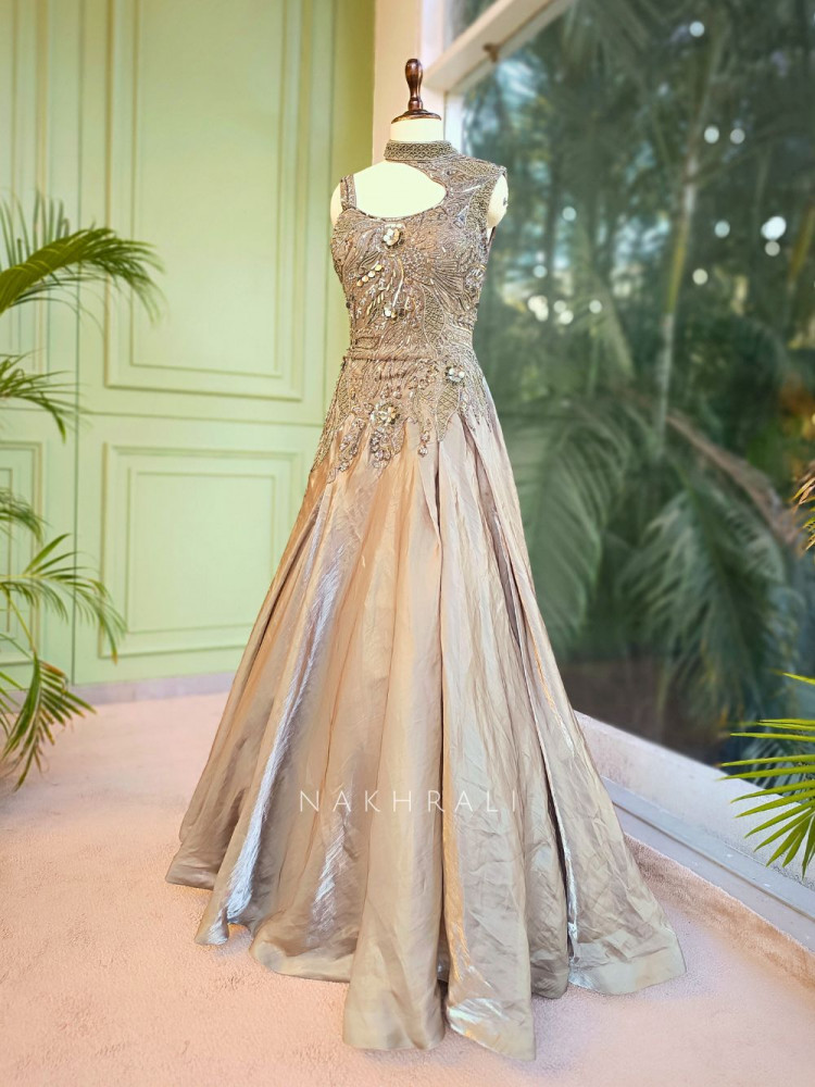 Image of Velisse Olive Green Indowestern Gown with Sequin Bead and Cut Dana Work