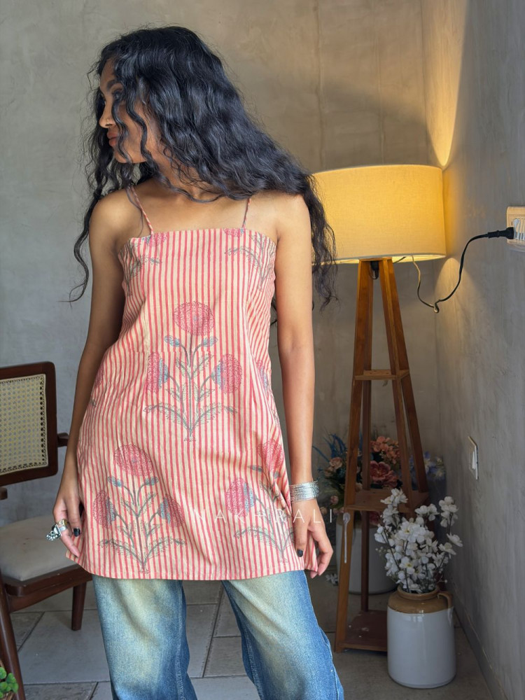 Image of Mira Peach Printed Spaghetti Strap A-Line Top