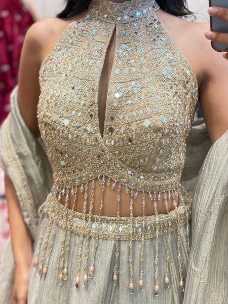 Virahi Grey Indo Western Lehenga Set with Mirror Work & Beaded Embroidery
