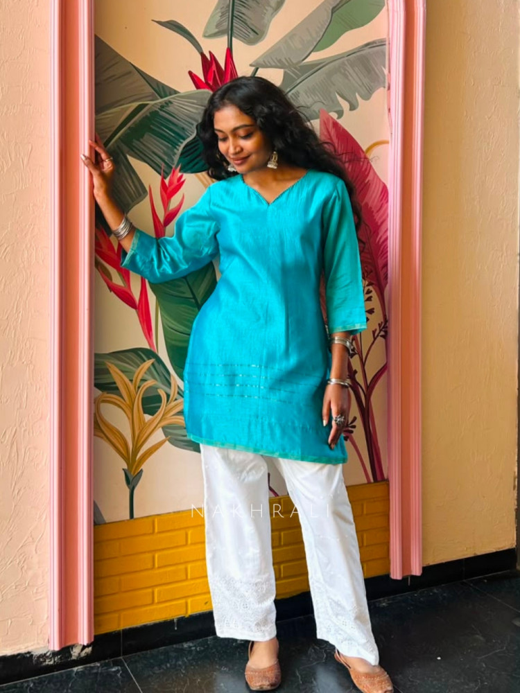 Image of Rainbow Sky Blue Short Kurti Minimal Border Detail