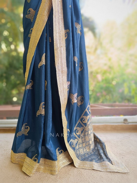 Tavira Teal Blue Saree with Broad Border and Unstitched Blouse Piece