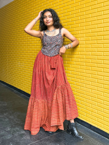 Tara Madder-Clay Hand-Block Printed Tiered Skirt with Ochre Accents