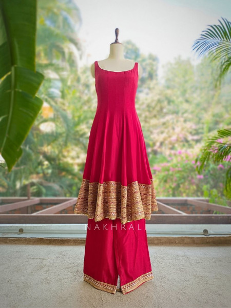 Emerald Red Anarkali Palazzo Set with Bandhej Dupatta and Border Work