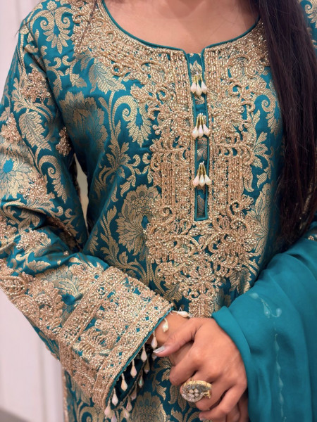 Rivaya Green Brocade Kurta Pant Set with Dupatta