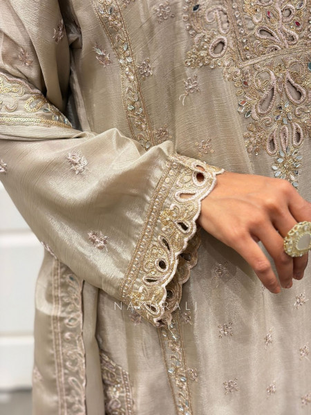 Zymera Brown Three Piece Suit Set with Cutwork and Mirror Embroidery