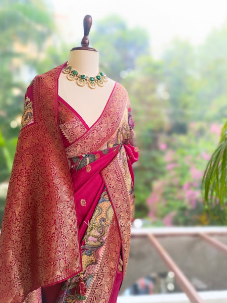 Sarang Wine Saree awith Kalamkari-Inspired Figurative Motifs
