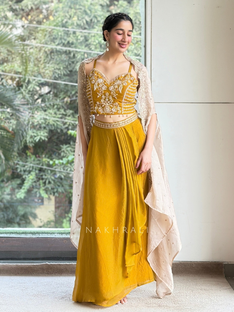 Image of Sunlit Mustard Crop Top SkirtSet