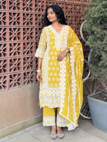 Mireya Mustard Cotton Suit Set with Lucknowi Embroidery