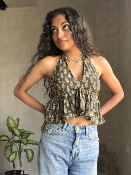 Roselle Frill Black Printed Crop Top