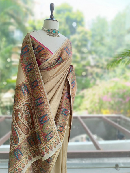 Kalptaru Cream Munga Tussar Georgette Silk Blend Saree with Kashmiri Jamawar Border