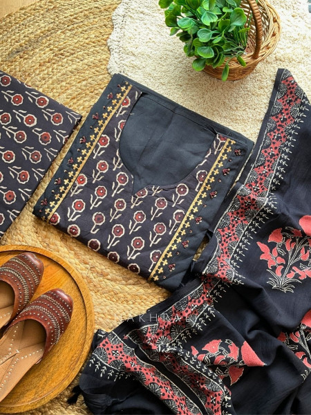 Elegant Printed Black Cotton Dress Material with Sequin Embellished Neckline