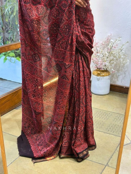 Rubaab Red Kota Doriya Saree with Ajrakh-Inspired Floral Print
