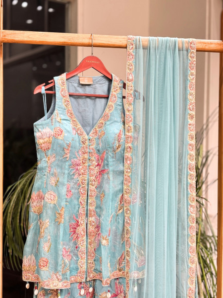 Willow Bloom Sky Blue Indo-Western Palazzo Kurta Set