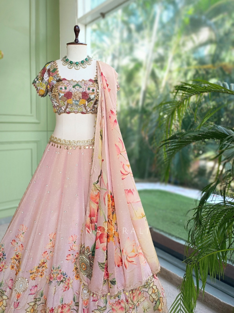 Image of Pushpaveda Blush Pink Shimmer Lehenga With 3D Beadwork, Floral Print &amp; Sequin Detail