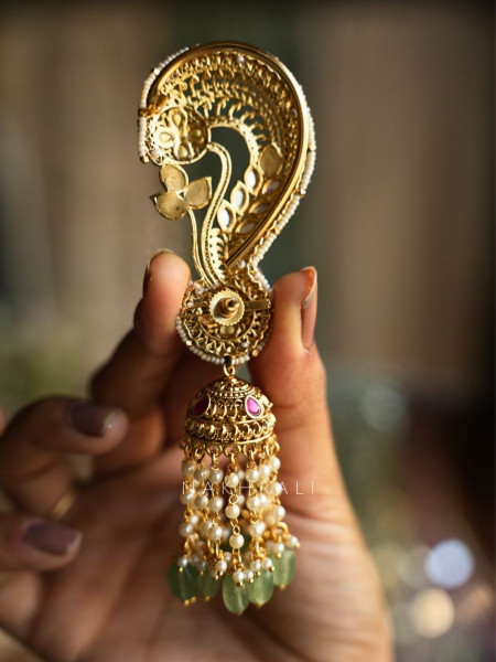 Karnphool Green Stone Golden Ear-Cuff Jhumkas