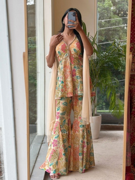 Gul-o-Glow  Beige Halter Neck Floral Sharara Suit