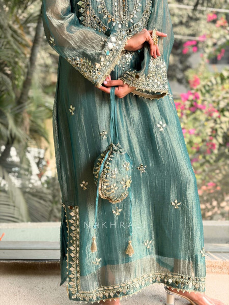 Poise Teal Blue Tissue Long Dress with Mirror and Zari Work
