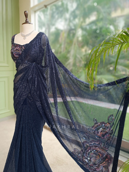 Samyra Blue Micro-Sequined Georgette Draped Saree with Readymade Blouse
