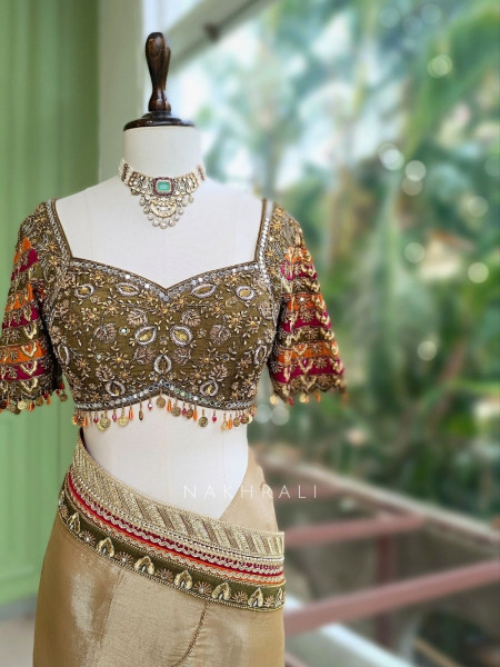 Kairi Mehendi Green Saree with Zari And Mirror Work