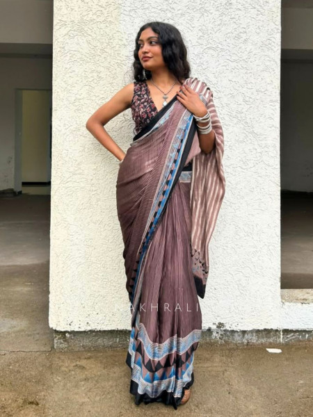 Dhani Brown Modal Silk Saree With Ajrakh Print