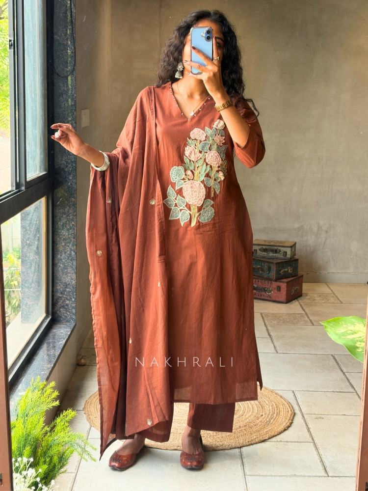 Image of Tavira Brown Embroidered Floral Kurta Pant Set with Dupatta