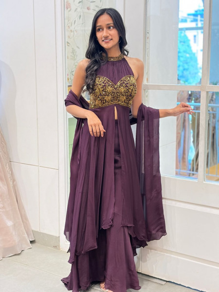 Inaaz Wine Indo Western Set with Cut Dana Work