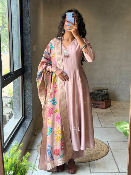 Zyrika Peach Anarkali Suit Set with Floral Dupatta