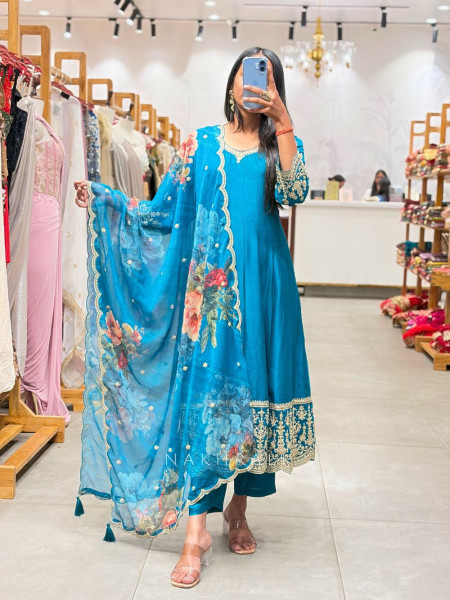 Ruhani Rama Green Anarkali Suit Set with Floral Dupatta