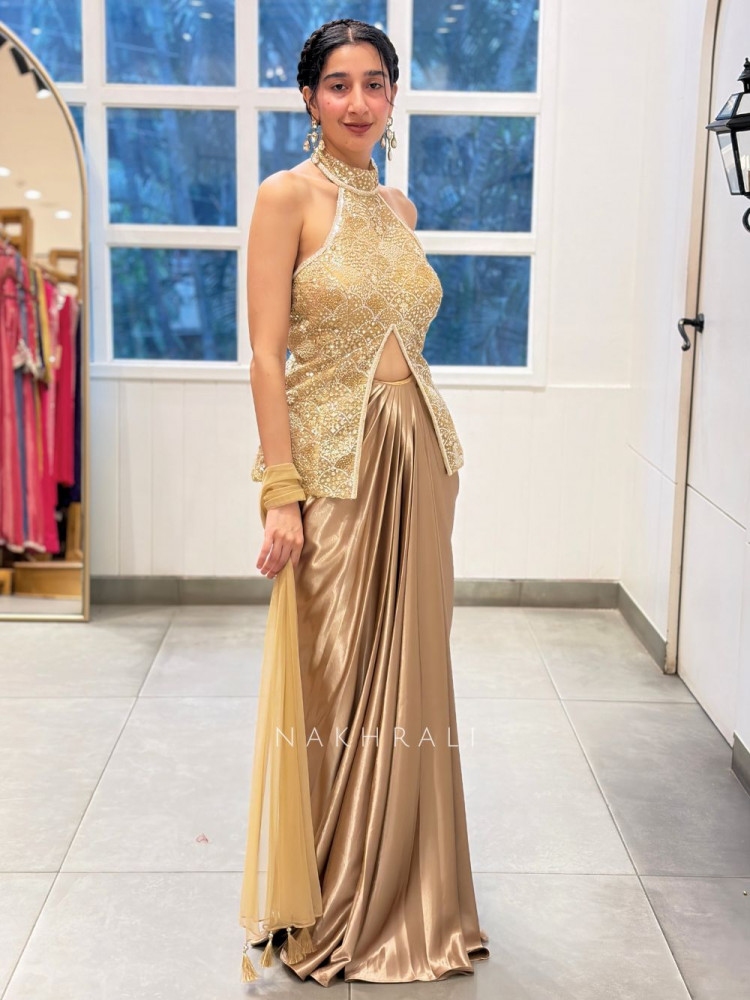 Image of Obelisk Beige Satin Crepe Indo-Western Drape Skirt Set