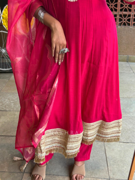 GlitzGalore Magenta Silk Anarkali Suit Set