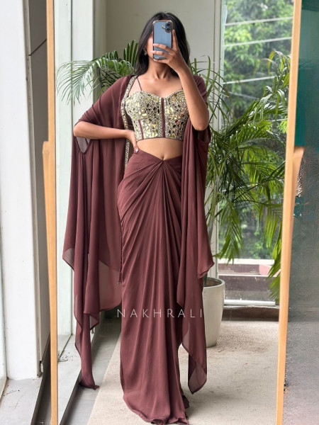 Glimmering  Brown Georgette Crop Top Dhoti Skirt Set with Cape