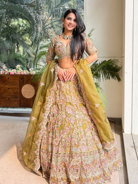 Pranika Mehendi Green Embroidered Lehenga Set