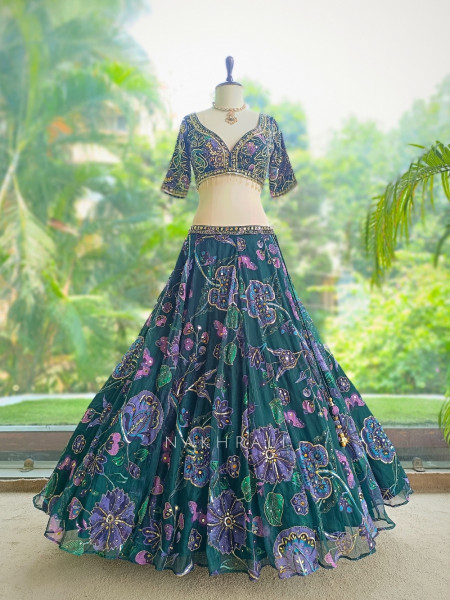 Sweetheart Bottle Green Organza Silk Lehenga Set