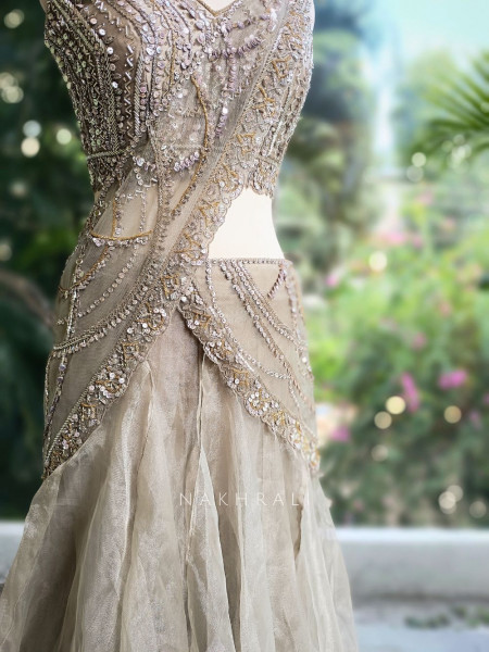 Alyra Grey Indo-Western Crop Top Skirt Set with Sequin Cut Dana Work