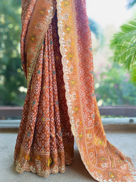 Zoraya Brown Ghatchola Saree with Elephant Motif Border