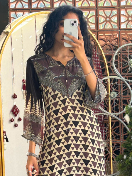 Triya Brown Printed Pant Kurta Set with Tassel Detail