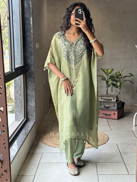 Riyana Green Kaftan Set with Heavy Embroidered Neckline