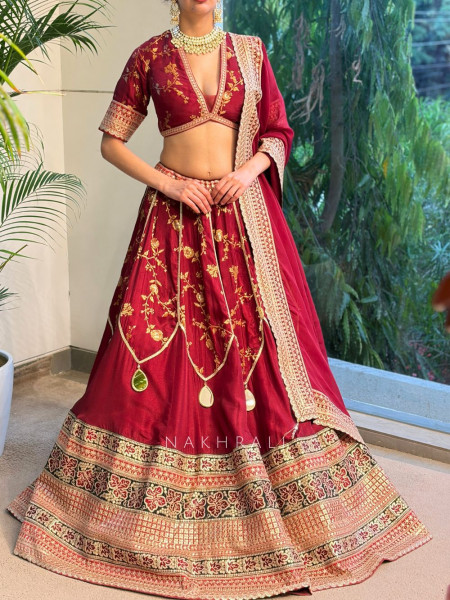 Orvian Maroon Lehenga Set with Floral Weave Sequin Border Work
