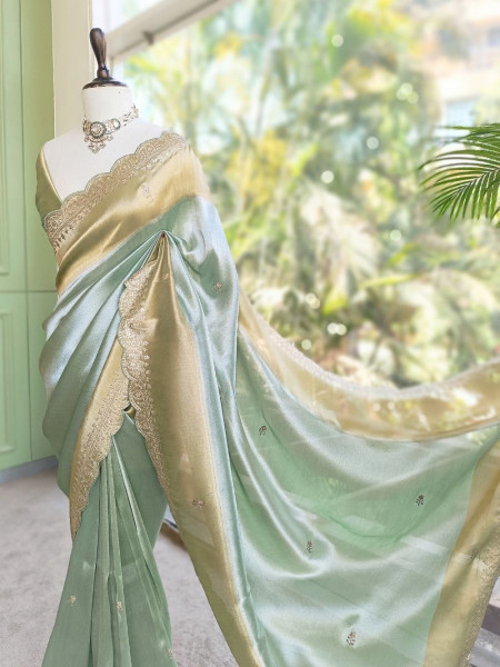 Skylight Pista Green Zari Weaved Saree with Embroidered Border