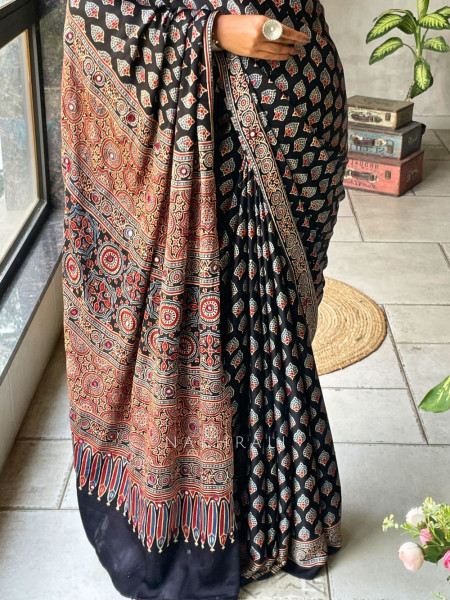 Chaaya Black Modal Saree with Ajrakh Print