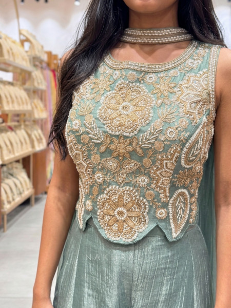 Cressida Sea Green Tissue-Silk & Organza Indo-Western Palazzo Set