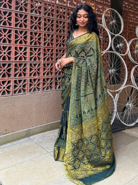 Earthbound Green Dola Silk Ajrakh Printed Saree