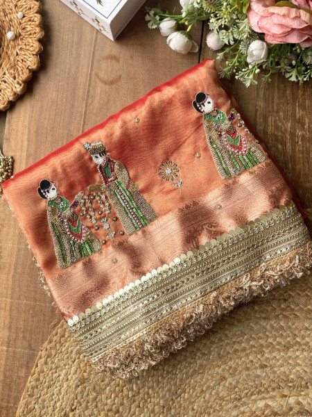 Kalpika  Peach  Organza Silk Saree With Jaimala Zardosi Motif Work