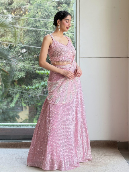 Sheen Pink Indo-Western Pre-Draped Lehenga