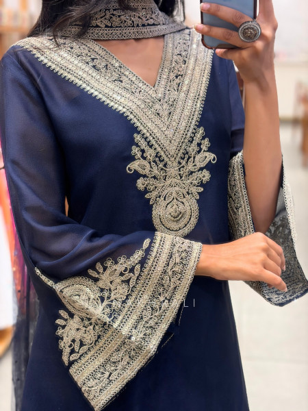 Mehtab Blue Silver-Yoke Kurta Skirt Set