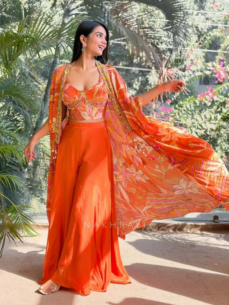 Image of Vireya Orange Floral Cape Palazzo Set