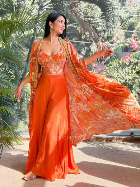 Vireya Orange Floral Cape Palazzo Set